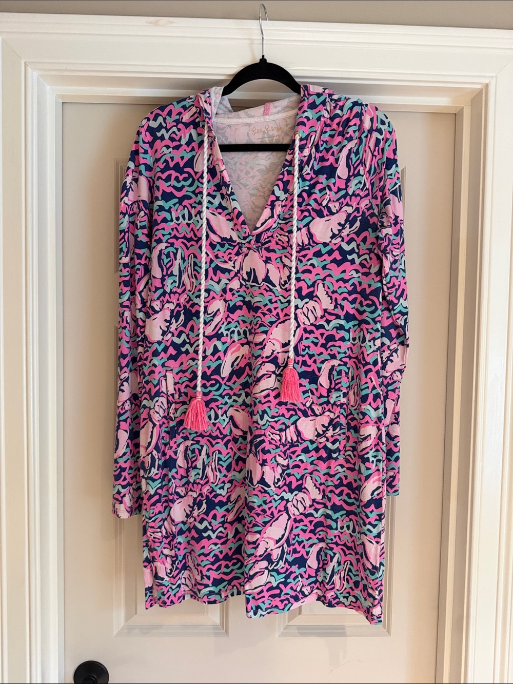 Lilly Pulitzer Pink & Blue Printed Swim Coverup Hooded Tunic size medium
